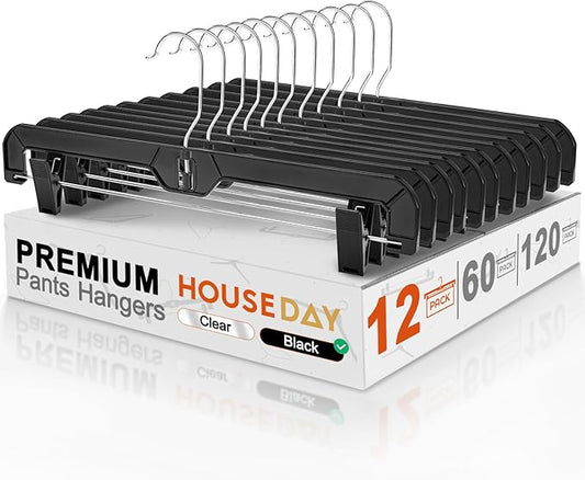 HOUSE DAY Black Pants Hangers with Clips 12 Pack, Plastic Skirt Hangers for Women, 14 Inch Clip Hanger for Pants, Skirts, Jeans, Shorts, Legging, with 360-degree Swivel Hook, 2 Adjustable Clips
