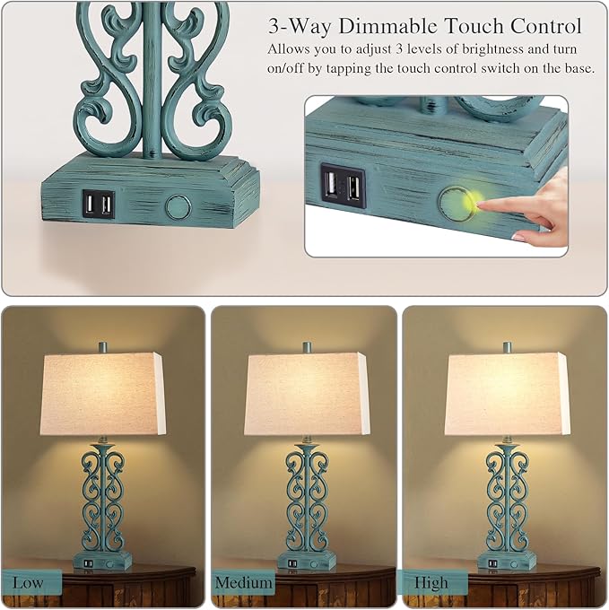 25" Set of 2 Touch Vintage Resin Table Lamps for Living Room, 3-Way Dimmable Nightstand Lamp with 2 USB Ports, Farmhouse Rustic Bedside Lamp for Entryway Bedroom End Table, 2 LED Bulb Included