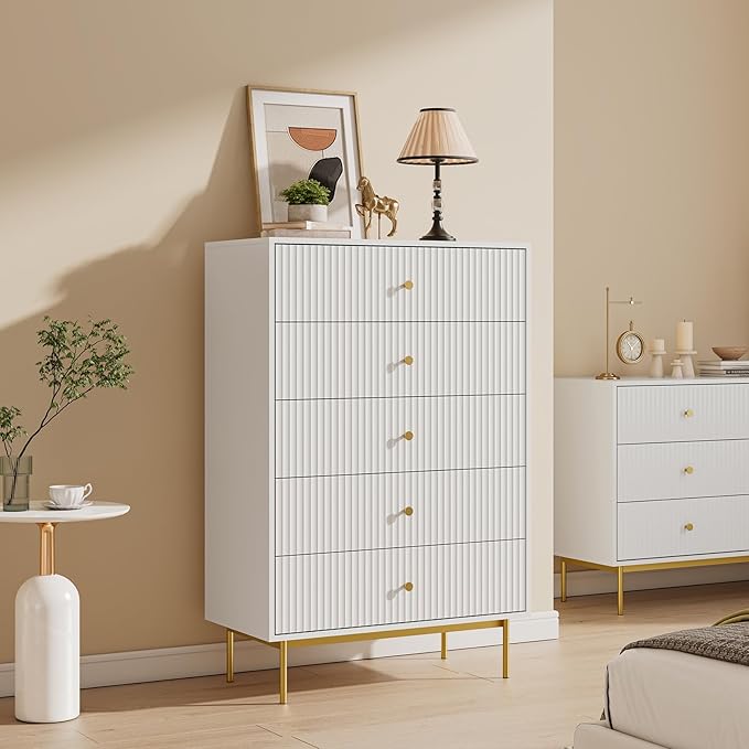 5 Drawer Dresser for Bedroom, Tall Dresser Chest of Drawers with Gold Handles, Wood Storage Cabinet for Bedroom, White
