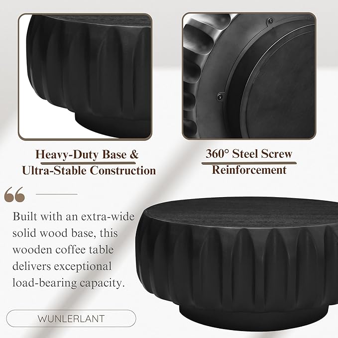 31.5" Round Black Coffee Table - Mid Century Modern Solid Wood Coffee Tables with Fluted Design for Living Room, Small Space, Apartment (Black)