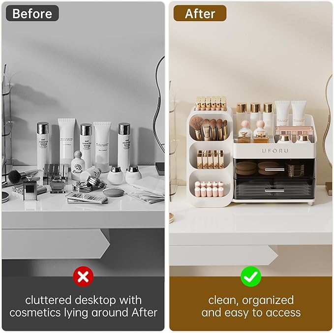 Makeup Organizer for Vanity with Brush Holder, Countertop Organizer with 2 Drawers, Spacious Cosmetic Display Case for Beauty Essential, Skincare, Lipstick