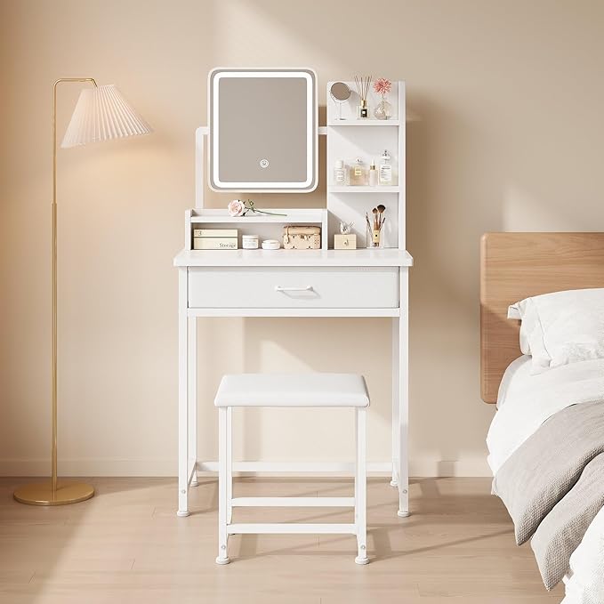 Makeup Vanity Desk with Mirror and Lights, Small Vanity with Fabric Storage Drawer & Chair & Shelves, White Compact Makeup Vanity Set for Bedroom