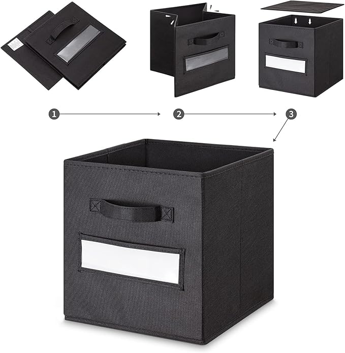 artsdi 13x13x13 storage cube bins (Set of 10) Fabric storage cubes with 10 Labels Window Cards & a Pen, storage cubes 13x13, Collapsible 13 inch cube storage bins, Cubby Organizer Boxes, Black