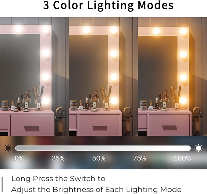 37" W Vanity Desk with Power Outlet, Makeup Vanity with Mirror and Lights, 3 Lighting Modes, Vanity Table with Chair for Bedroom, Dressing Room Studio, Pink