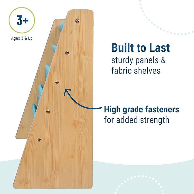 Wildkin Wooden Sling Bookshelf for Kids – Premium Canvas Design with 4 Fabric Shelves, Organizer for Home or Classroom - Natural w/Aqua