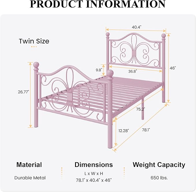 SHA CERLIN Twin Size Bed Frame for Kids,Metal Bed Frame with Butterfly Pattern Design Headboard and Footboard,No Box Spring Needed,Easy Assembly,Pink