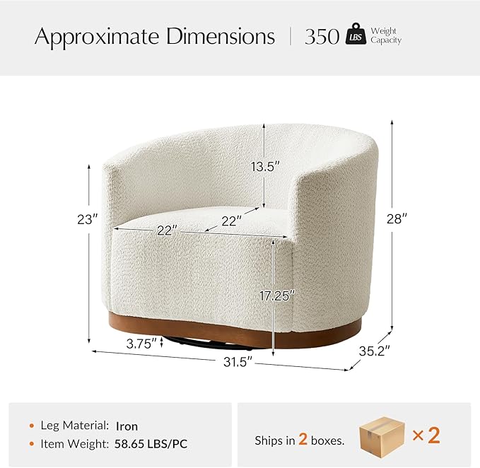 HULALA HOME Chenille Swivel Accent Chairs Set of 2, Fully Assembled, Comfy Upholstery Barrel Armchair with Sturdy Solid Base, Ivory