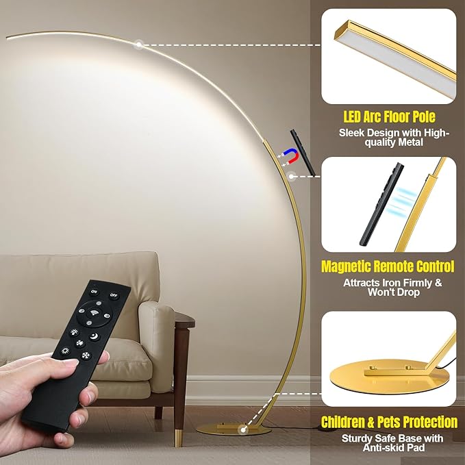 Dimmable LED Floor Lamp with 3 Color Temperatures, Ultra Bright 2000LM Gold Arc Floor Lamp, Modern Standing Tall Lamp with Remote Control Reading Floor for Bedroom Use Lamp for Office Classroom