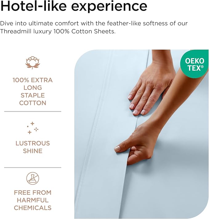 Threadmill Luxury 800 Thread Count 100% Cotton Sheets - Sateen Weave Twin XL Bed-Sheets, Better Than Egyptian Cotton,3 Pc Solid Soft Bedding Set (Light Blue), Fits 15" Deep Pocket