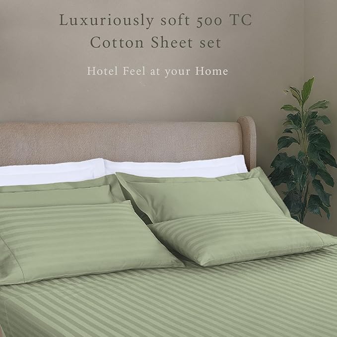 Threadmill 500 Thread Count Full-Size Damask Stripe, 4 Pc Luxury Cotton Bedding Set, Breathable Sage Green Sheets with 16" Elasticized Deep Pocket, 2 Pillowcases & Free Tote Bag