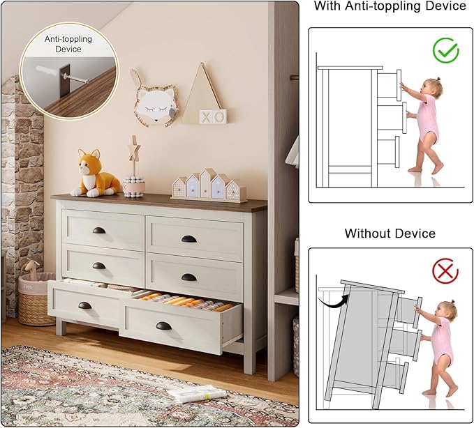 Wananlanen® Farmhouse Dresser for Bedroom, Antique Double Dresser & Chest of Drawer with Vintage Handle and Storage, Wooden Tall Rustic Organizer for Bedroom (Antique White, 6 Drawer)