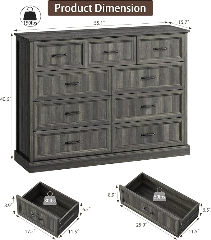 CARPETNAL Farmhouse 9 Drawer Dresser for Bedroom, 55 Inch Wide Modern Grey Dresser TV Stand with Large Drawers & Bar Handles, Rustic Wood Chest of Drawers for Bedroom, Living Room, Hallway, Entryway.