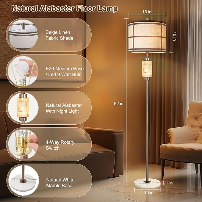 Natural Alabaster Floor Lamp, Lamps for Bedroom, Tall Lamp with Night Light, Marble Base, Linen Shade,Living Room Lamp, Standing Lamp for Living Room Bedroom Office - Brown (Bulb Included)