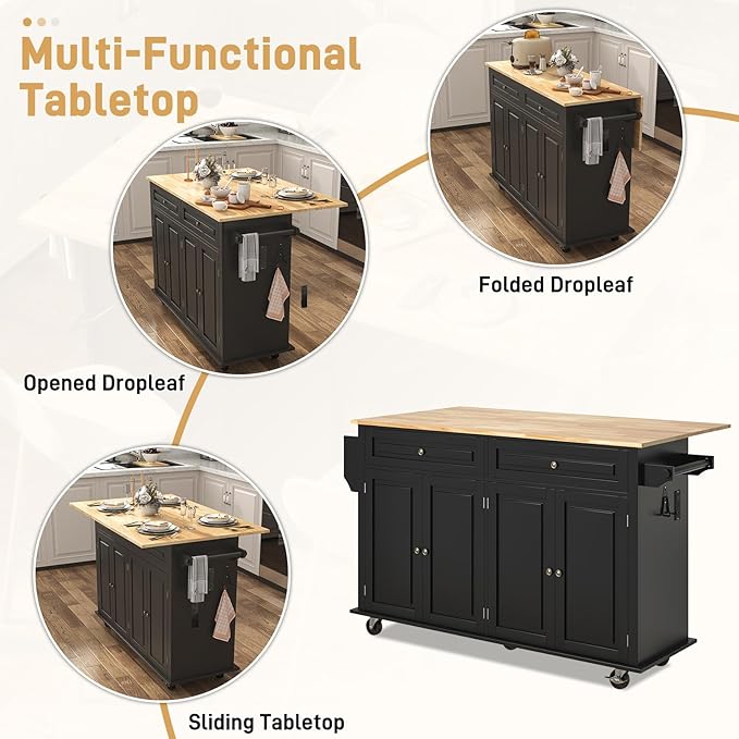 63" Movable Kitchen Island with Drop Leaf and Power Outlet, Rolling Island Cart w/Storage Cabinet, Island Table on Wheels for Kitchen w/2 Drawers, Spice Rack, Towel Bar, Garage Hook, Black