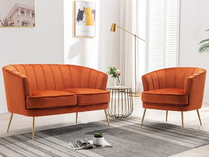 Velvet Loveseat - Luxury Modern Comfy Tufted Chesterfield 2 Person Couch for Living Room/Bedroom, Caramel