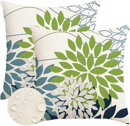 RABUSOFA Outdoor Pillow Covers 18x18 Inch Set of 2 Green Blue Flower Decorative Waterproof Spring Summer Floral Outdoor Cushion Covers for Patio Funiture Garden Couch Decor
