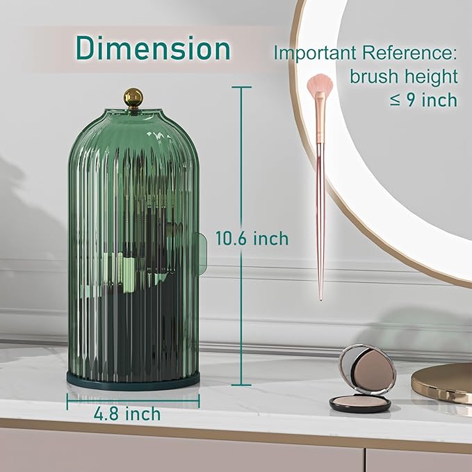 GAXmi Makeup Brush Holder with Lid Cosmetic Tools Organizer 360 Rotating Waterproof Dustproof Beauty Brushes Storage for Vanity, All Green