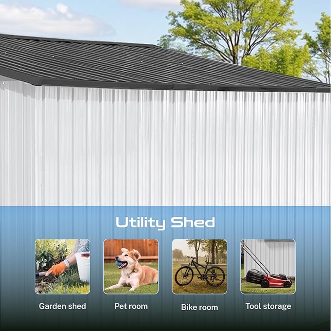 10 x 12 FT Outdoor Storage Metal Shed, Garden Bike Shed with Slooping Roof, Lockable Doors and Windows, All-Weather Tool Shed Easy to Assemble for Backyard, Patio, Lawn, White+Black