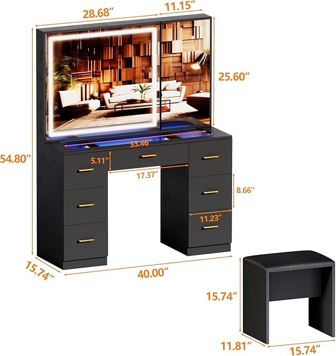 Vanity Desk with Mirror and Lights,Makeup Vanity Table with Glass Top and 7 Drawers&Cushioned Stool,Dressing Table with Drawers, Bedroom Makeup Desk for Women(Black-Glass top)