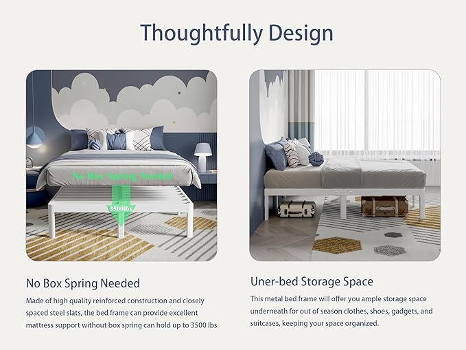 White Full Size Bed Frame 14 Inch, Metal Full Bed Frame No Box Spring Needed, Heavy Duty Steel Support 3500 LBS, DIY Headboard, Noiseless, Round Corner Legs, Storage Space, Easy Assembly
