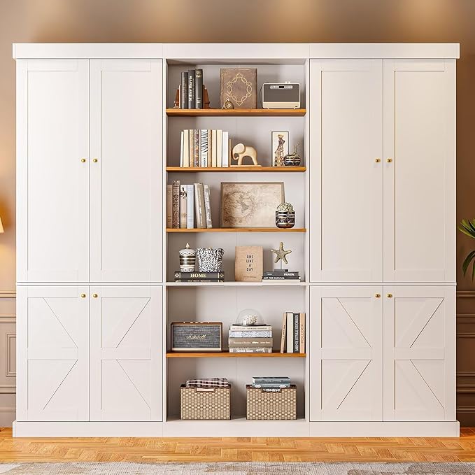 Vyre 70.8" Tall Farmhouse Bookshelf with Doors, Modular Bookcase with 6-Tier Adjustable Shelves, Large Storage Cabinet for Kitchen, Living Room, White, Set of 3