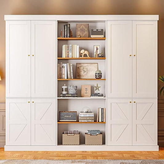 Vyre 70.8" Tall Farmhouse Bookshelf with Doors, Modular Bookcase with 6-Tier Adjustable Shelves, Large Storage Cabinet for Kitchen, Living Room, White, Set of 3