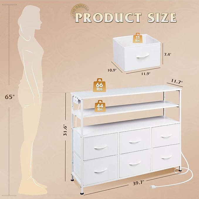 WLIVE White TV Stand for 40, 45 inch TV, Entertainment Center with LED Lights & Charging Station, TV Media Console Table with 6 Fabric Drawers and Open Shelves for Living Room, Hallway, Wood Top