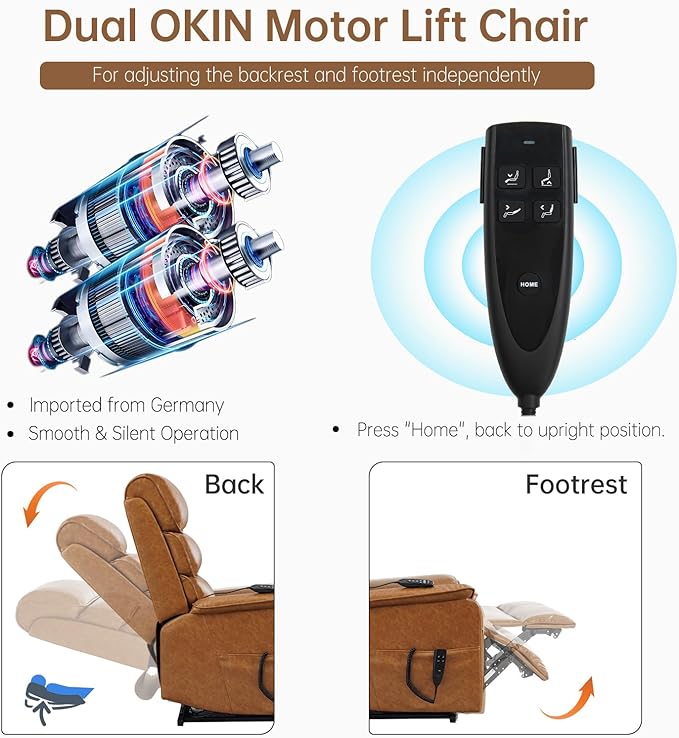 Lay Flat Lift Chair with Heat and Massage, Dual Motor Recliner with Infinite Position, Up to 350 LBS Electric Power Lift, Yellow Brown Leather Recliner