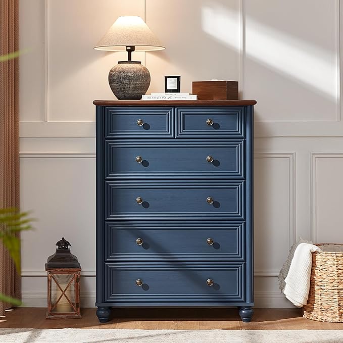 Farmhouse 6 Drawer Dresser Set of 2, Chest of Drawers for Bedroom, 43.5" Tall Blue Dresser with Roman Column, Rustic Wood Storage Dressers Organizer for Living Room, Hallway, Closet