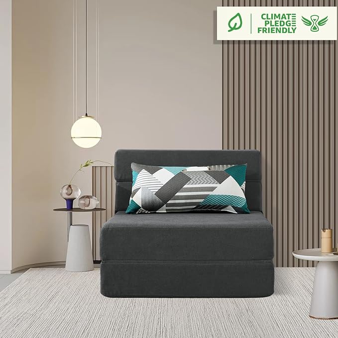 ANONER Fold Out Chair Bed Memory Foam with Pillow Futon Couch Folding Sleeper Chairs, Convertible Chair Bed Dark Gray, Single Size