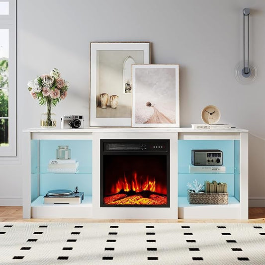 Ludatido 58 Inch TV Stand with 18 inch Fireplace Insert LED Light Entertainment Center Electric Fireplace TV Stand with USB&AC Power Interface for Living Room/Bedroom/Media Room Use(White)