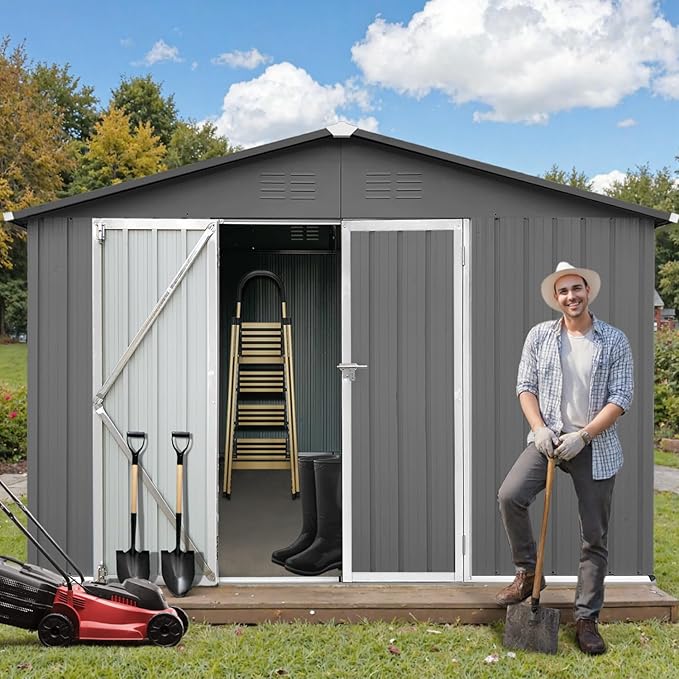 10 x 12 FT Outdoor Storage Shed with Floor, Metal Garden Tool Shed with Vents,Windows,Slooping Roof and Lockable Doors, All-Weather Bike Shed Easy to Assemble for Backyard, Patio, Lawn, Grey
