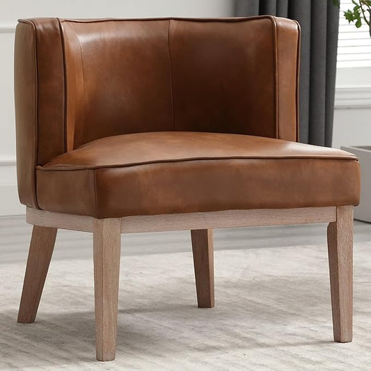 Arm Accent Chair Barrel Accent Chair with Wood Legs, Brown Leather Comfy Barrel Round Side Chair Upholstered Reading Chairs with Back for Living Room Bedroom Living Room Chair, Brown