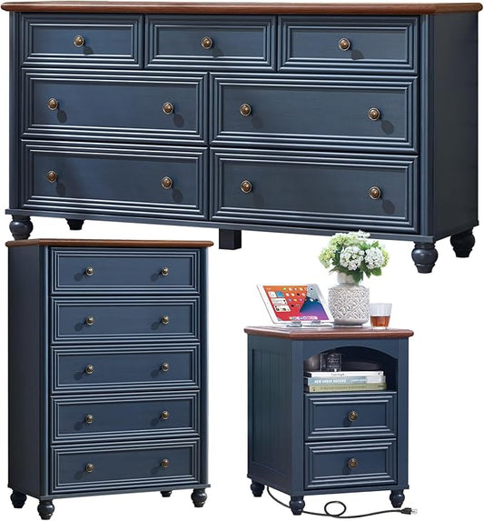 Farmhouse Dressers & Night Stand Set of 3, Wood 54" Wide Dresser & 45"Tall Chest of Drawers, 18" with Charging Station Nightstand, Bedroom Furniture 7 Drawer Dresser Set for Home Living Room Hallway