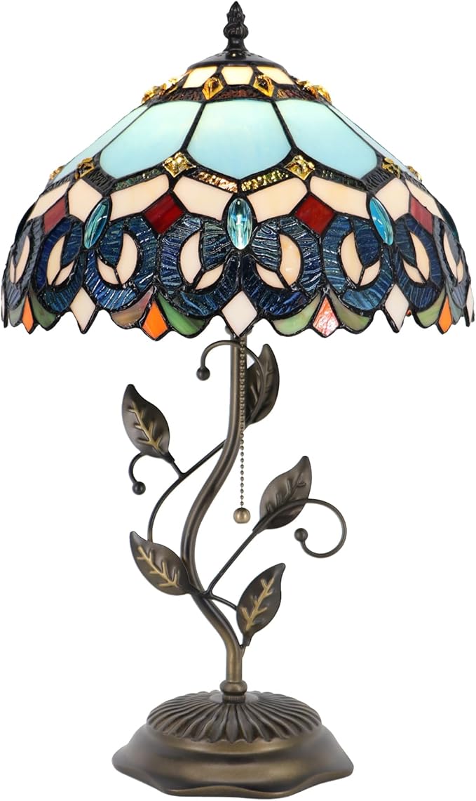 Tiffany Table Lamp, Stained Glass Desk Light, W12H19 Inch, Metal Leaf Base (Sapphire Style)