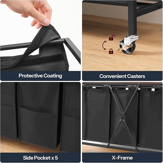 HOOBRO Laundry Sorter 5 Sections, Laundry Hamper with Wheels, 5 × 10.5 Gallon (40 L), Rolling Laundry Basket, Pull-Out and Removable Oxford Fabric Bags, Rustic Brown and Black BF07XY01