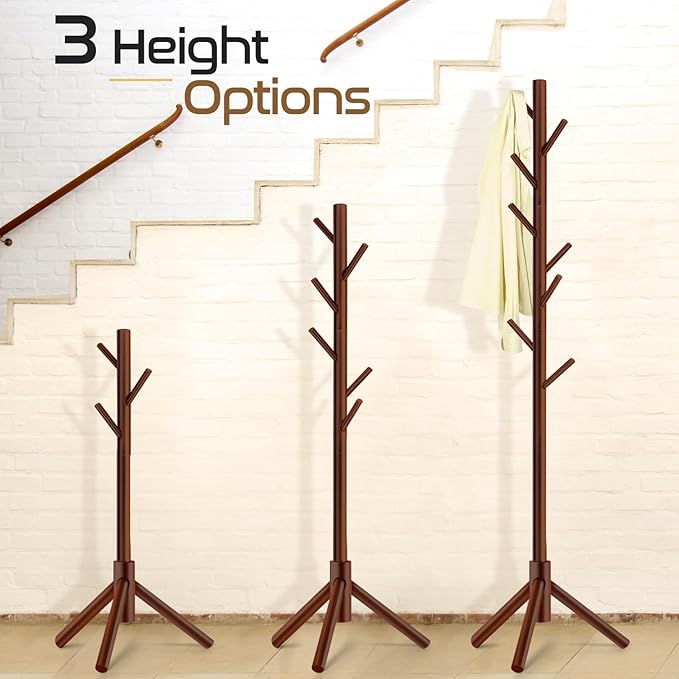 2PCS Solid Wooden Coat Rack Freestanding, New Zealand Pine Coat Tree with 8 Hooks & 3 Adjustable Sizes for Coats, Hats, Handbags and Scarves, Space Saving for Entryway/Office/Bedroom (Brown)