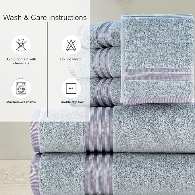 CASA COPENHAGEN Zero Twist, 6 Pieces Set 100% Cotton 0" Twist Towel Set- Grey Violet, 600 GSM, 2 Bath, 2 Hand, 2 Washcloths Made from Egyptian Cotton, Ultra Soft Luxury Towels for Bathroom.