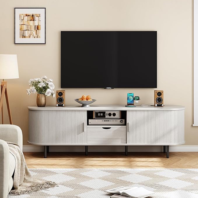 69" TV Stand with Power Outlet for TVs up to 80", Entertainment Center with Storage and Drawer, TV Console with Adjustable Shelves and Sliding Door, TV Stand for Living Room, Natural White