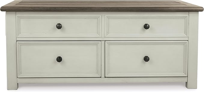 Signature Design by Ashley Bolanburg Farmhouse Lift Top Coffee Table with Drawers, Antique Cream & Brown