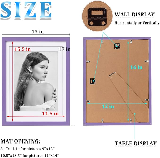 Egofine 12x16 Picture Frame Made of Solid Wood, Display Covered by Plexiglass, Display Pictures 9x12/11x14 with Mat or 12x16 Without Mat for Wall Mounting, Purple
