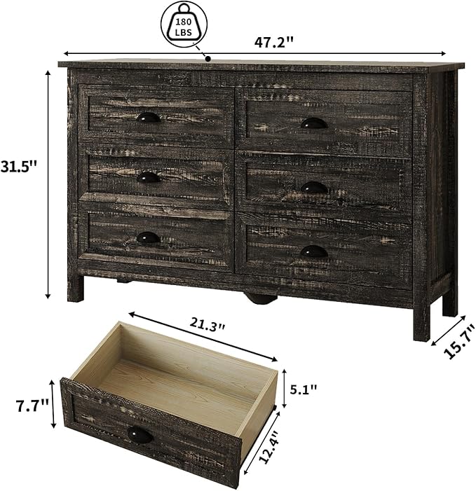 Black Dresser for Bedroom, Farmhouse 6 Drawers Dresser, Wide Chest of Drawers with Metal Handles, Modern Wood Double Chest Storage Cabinet for Living Room, Bedroom, Hallway