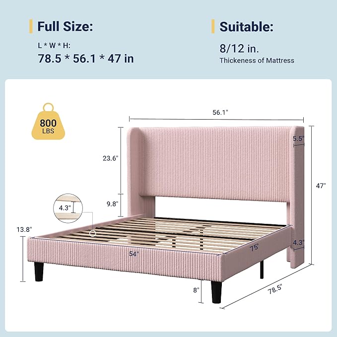 Allewie Full Size Bed Frame with Upholstered Wingback Headboard, Vertical Channel Tufted Corduroy Velvet Platform Bed, Strong Wooden Slats Support, No Box Spring Needed, Easy Assembly, Light Pink
