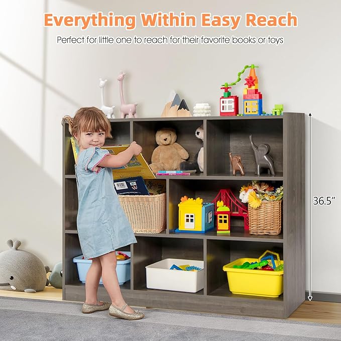 NAFORT 8-Cube Organizer Storage Cabinet, 3-Tier Bookshelf,Low Displaycase, Wooden Bookcase for Bedroom/Preschook/Classroom/Office, Gray