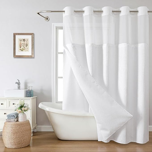 Long No Hook Shower Curtain with Snap-in Fabric Liner Set,White Waffle Weave Shower Curtains for Bathroom,Hotel Luxury Decor Bathroom Curtain Set,Waterproof & Washable,71Wx80H