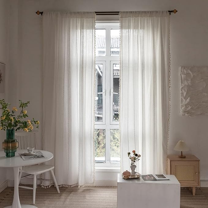 Boho Curtains Semi-Blackout 84 Inch 2 Panels for Living Room, Linen Tassels Farmhouse Curtains with Embroidery for Bedroom Rod Pocket Draperies 52" W x 84" L, Off White