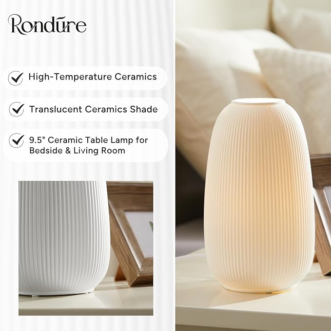 RONDURE 9.5" Modern Ceramic Table Lamp, Modern Bedside Lamps for Bedroom, Living Room and Nightstand, White Translucent Ceramic Shade, Warm Ambient Lighting, Home Decor