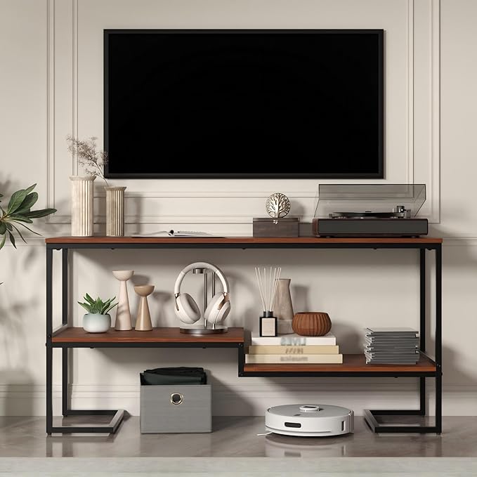 TV Stand for TV up to 60 Inch, TV Console Table with Open Storage Shelves, Industrial Media Entertainment Center for Living Room, Bedroom, Brown and Black