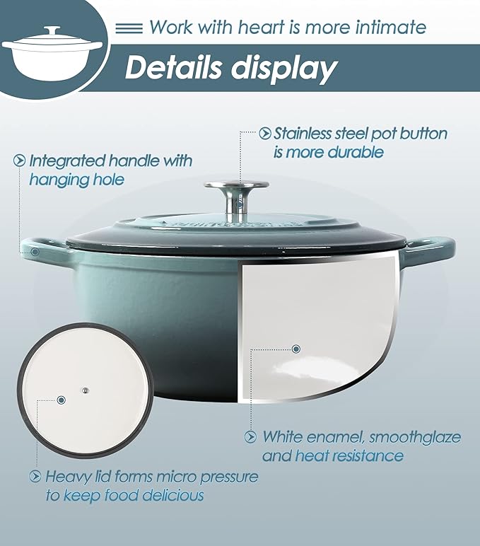 Enameled Cast Iron Dutch Oven Pot with Lid for Sourdough Bread Baking, Bread Dutch Ovens, Cooking Pots, 5 Quart, Slateblue