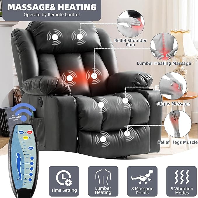 Power Lift Recliner Chair for Elderly, Electric Recliner Chairs for Adults with Massage and Heat, Cup Holders, Remote Control, USB Ports, Side Pockets, Leather (Black)
